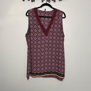 NYDJ XL Diamond Print Sleeveless V-Neck Tunic Top Burgundy & Black